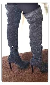 Thight Hight Black Glitterly Steleto Boots